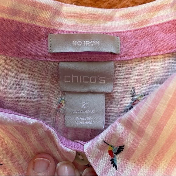 Chico's Linen Pink White Stripe Hummingbird 3/4 Sleeve Button Down Size 2/Large - Picture 12 of 13